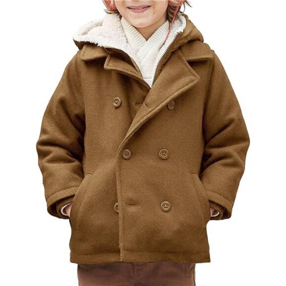 Boys Wool Blend Winter Coat Notched Collar Double Breasted Hooded Pea Coat - Picture 1 of 7